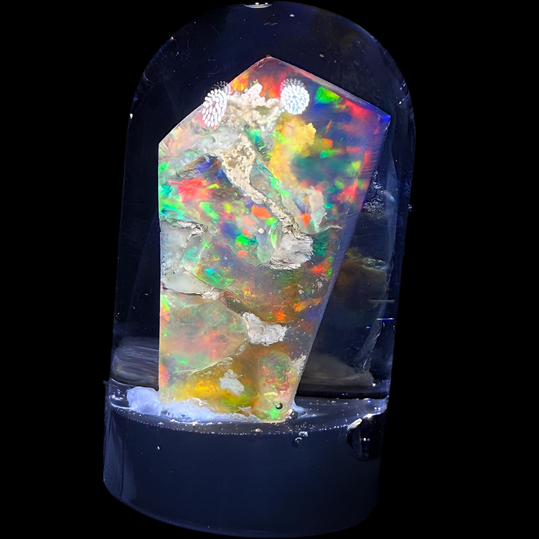9 Gram Natural Ethiopian Welo Crystal Water Opal Specimen – Dominant Neon Green, Fiery Orange & Golden Broadflash Fire – Freeform Floating Crystal Opal – Collector Display Grade