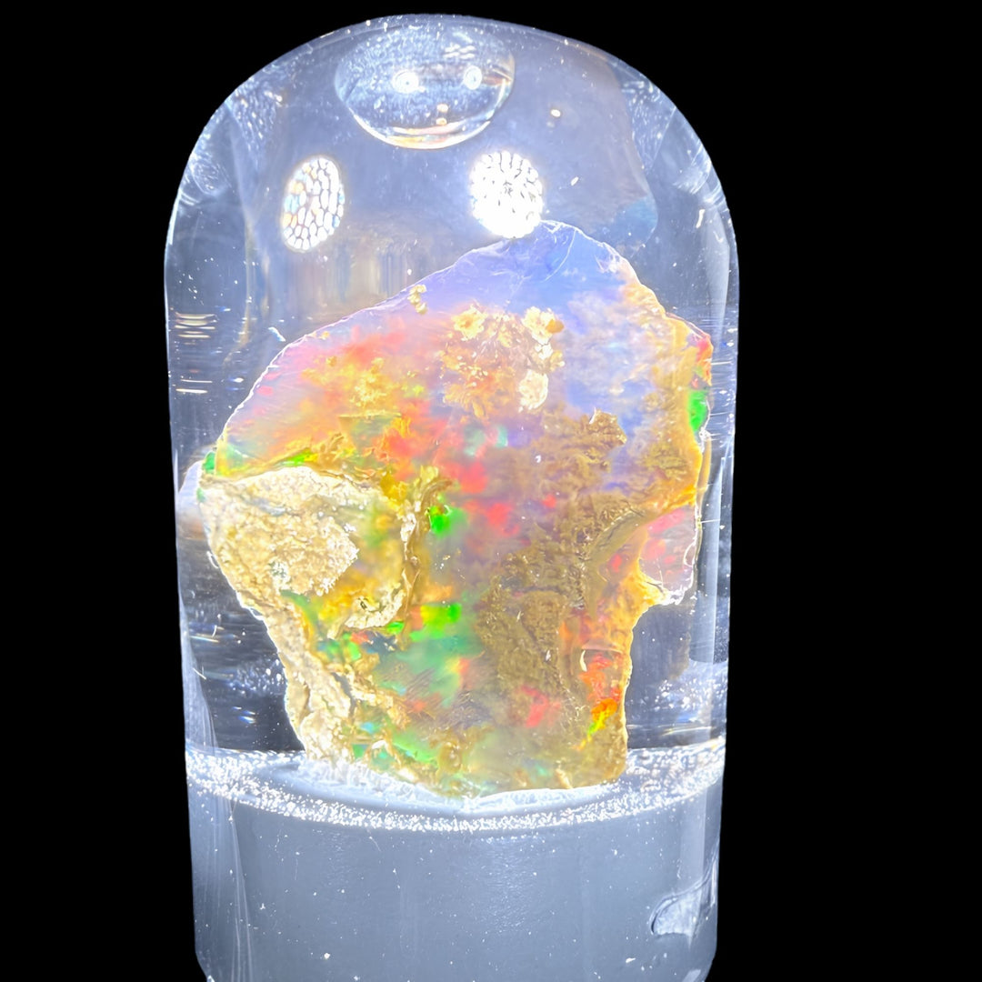 7.4 Gram Natural Ethiopian Welo Crystal Water Opal Specimen – Dominant Fiery Multicolor Flash, Neon Green & Golden Honey Fire – Freeform Floating Crystal Opal – Collector Display Grade