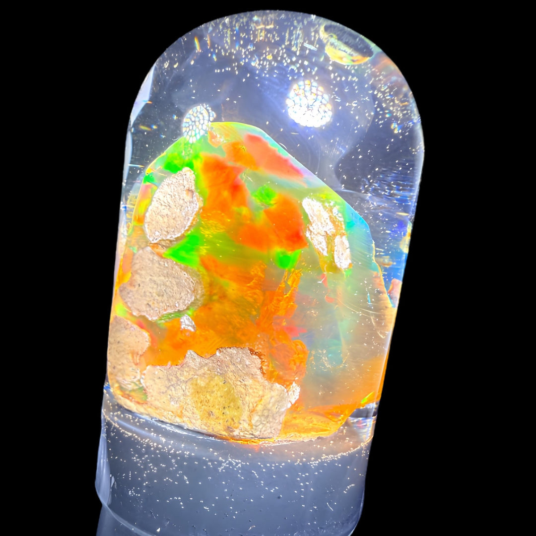 13.21 Gram Natural Ethiopian Welo Crystal Water Opal Specimen – Neon Green Broadflash & Fiery Orange Crystal Fire – Premium Freeform Opal