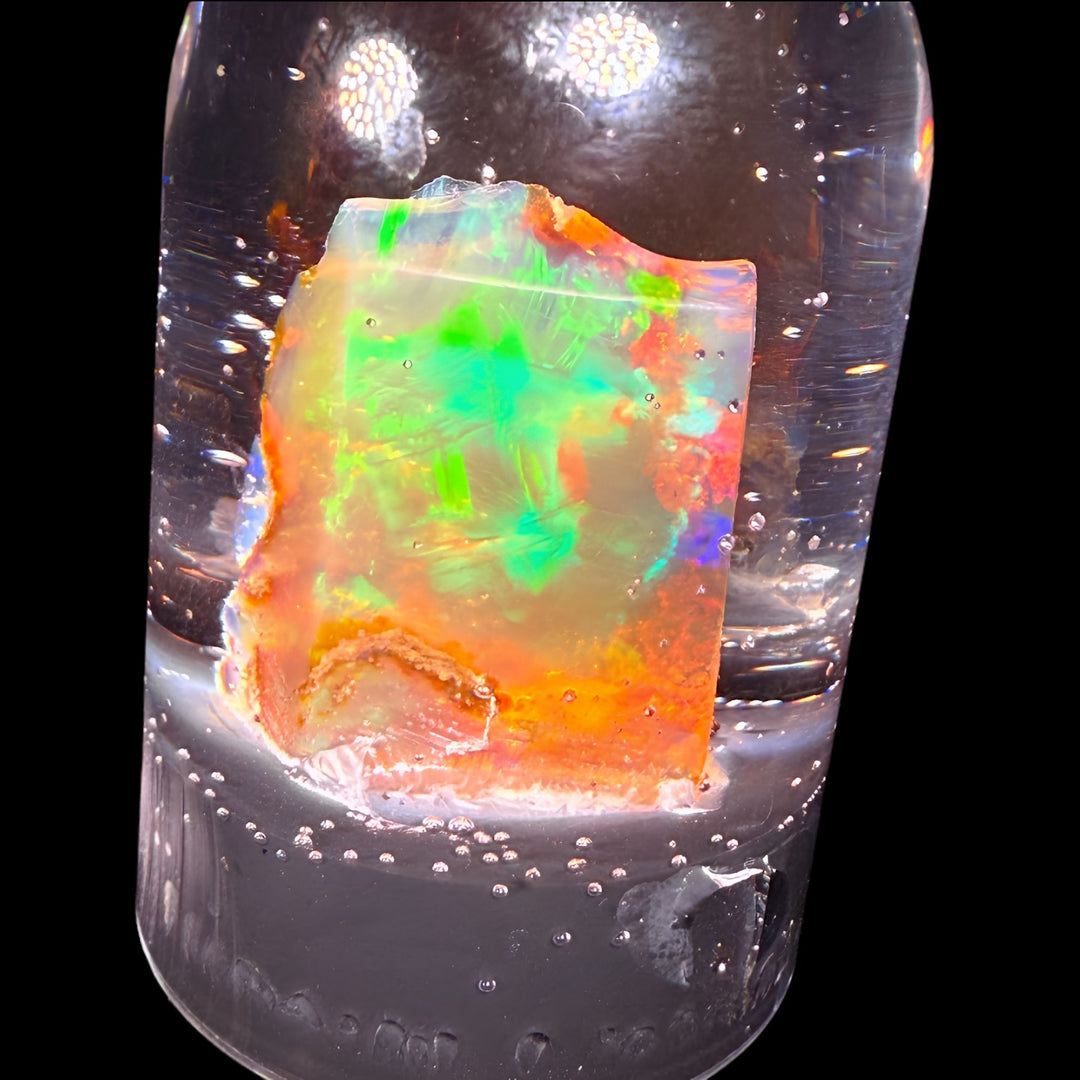 4.66 Gram Natural Ethiopian Welo Crystal Water Opal Specimen – Dominant Neon Green Fire, Fiery Rainbow Flash & Electric Blue Highlights – Freeform Floating Crystal Opal – Collector Display Grade