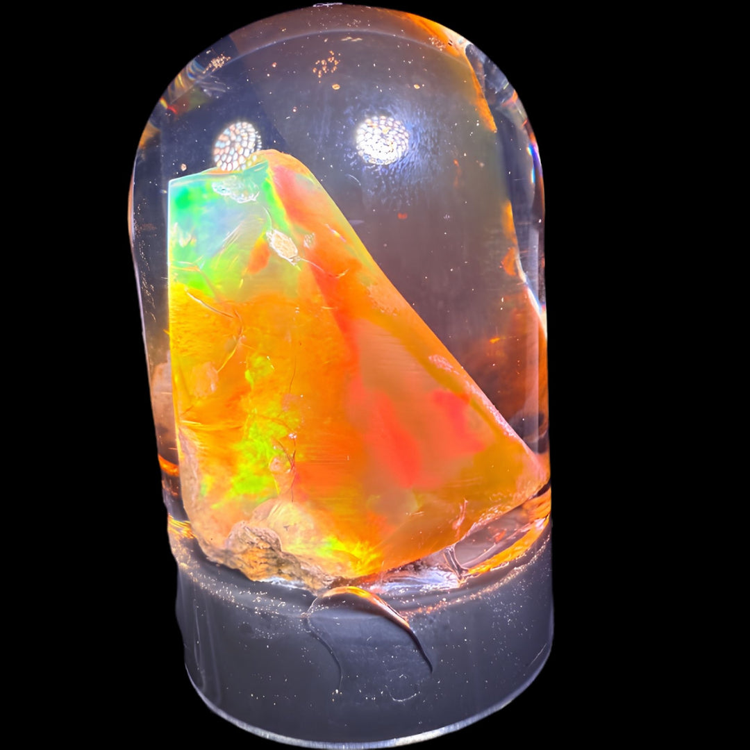 11.05 Gram Natural Ethiopian Welo Crystal Water Opal Specimen – Dominant Fiery Red, Neon Green & Golden Broadflash Fire – Freeform Floating Crystal Opal – Collector Display Grade
