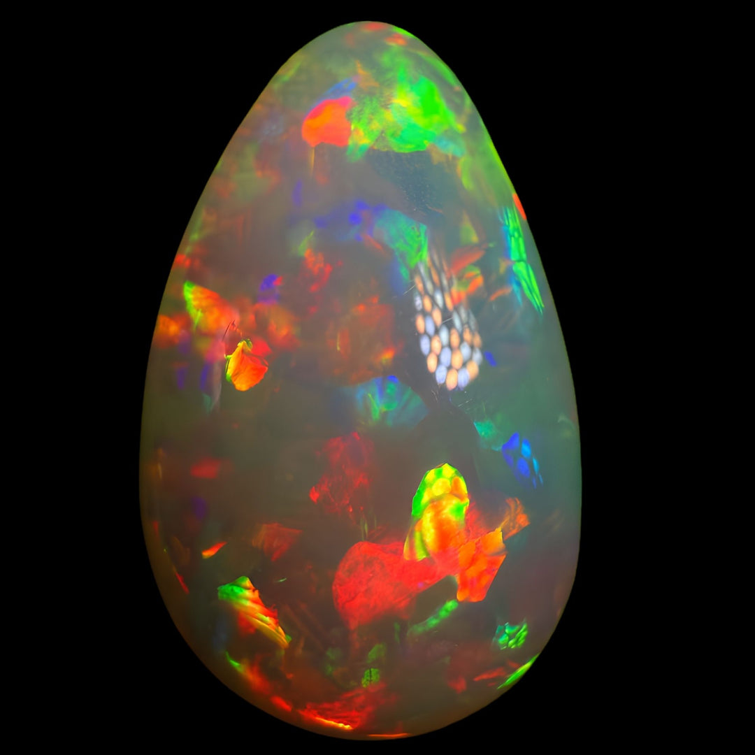 12.37ct AAA quality Natural Ethiopian Welo Opal – Pear Cabochon – Fiery Red, Neon Green & Electric Blue Fire – Mosaic Broadflash Pattern – AAA Collector Grade