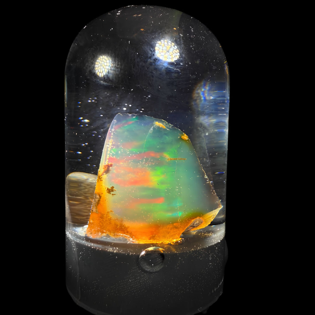4.41 Gram Natural Ethiopian Welo Crystal Water Opal Specimen – Neon Green Ribbon Fire, Fiery Orange Glow & Pastel Crystal Flash – Freeform Floating Opal Display – Collector Grade