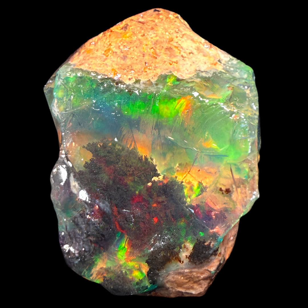 13.18 gr Natural Ethiopian Welo Water Opal – Dominant Neon Green, Fiery Red & Electric Orange Fire – Raw Water Opal – One-of-a-Kind Collector Grade