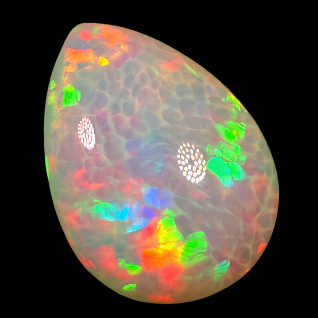 14.57ct AAA quality Natural Ethiopian Welo Opal – Pear Cabochon – Neon Green, Fiery Red & Electric Blue Fire – Honeycomb Cell Pattern – AAA Collector Grade
