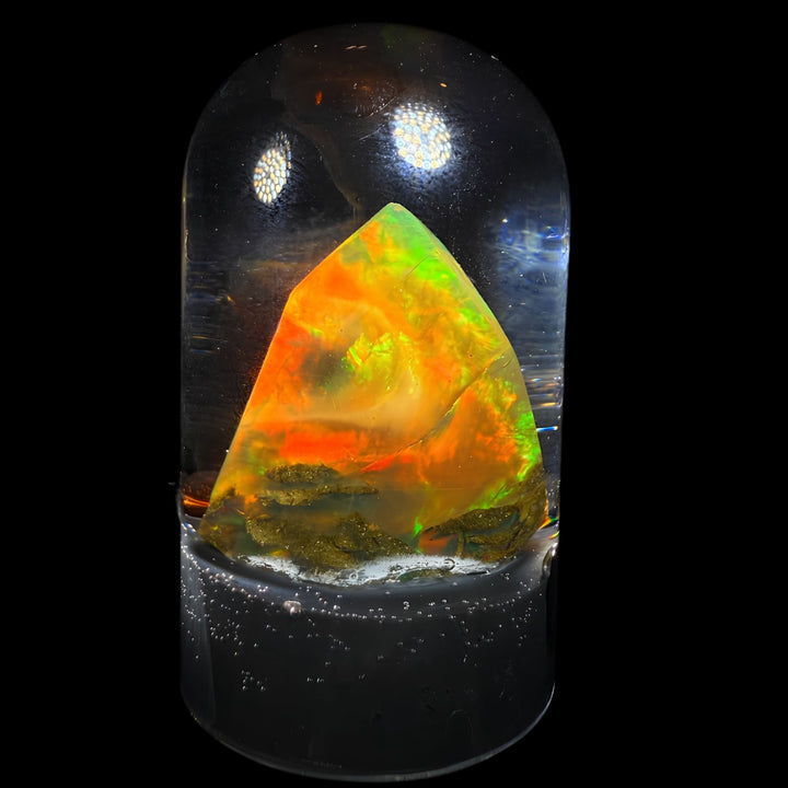 7.05 Gram Natural Ethiopian Welo Crystal Water Opal Specimen – Dominant Fiery Red Broadflash, Neon Green Crown Fire & Golden Honey Glow – Floating Crystal Display Opal – Collector Grade