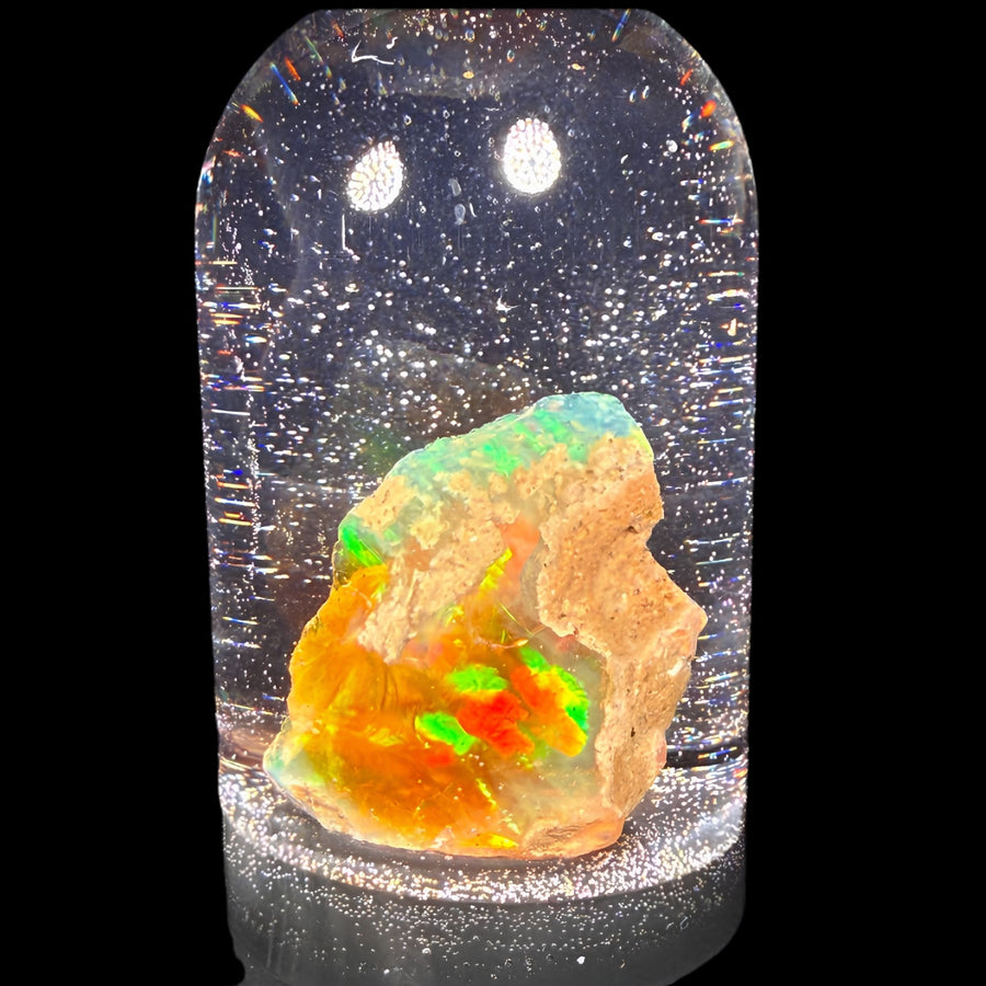 14.39 Gram Natural Ethiopian Welo Rough Opal Jar – Dominant Neon Green, Fiery Orange & Electric Blue Fire – Crystal Rough Opal Material – Collector & Lapidary Grade