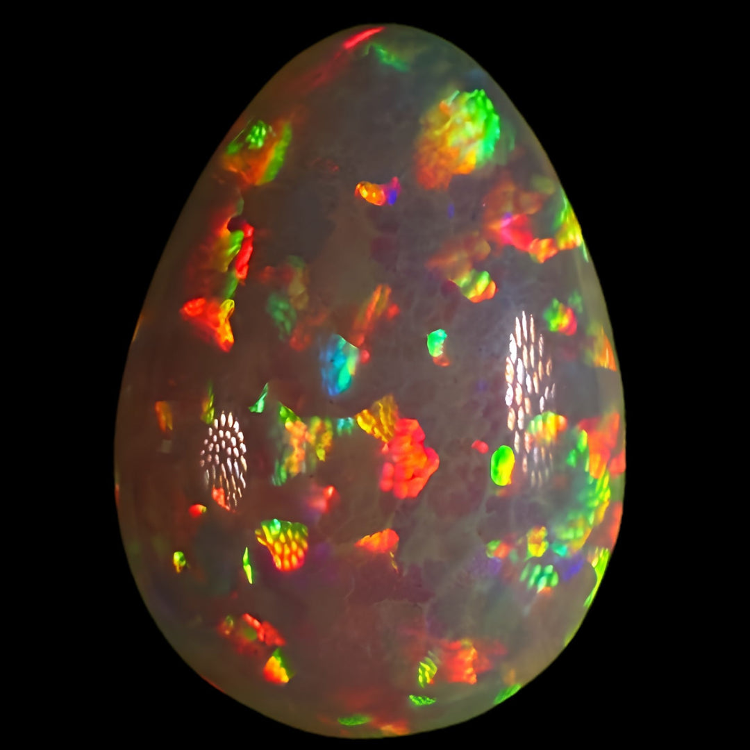 11.95ct AAA quality Natural Ethiopian Welo Opal – Pear Cabochon – Deep Fiery Red, Neon Green & Electric Orange Fire – Honeycomb Confetti Pattern – AAA Collector Grade