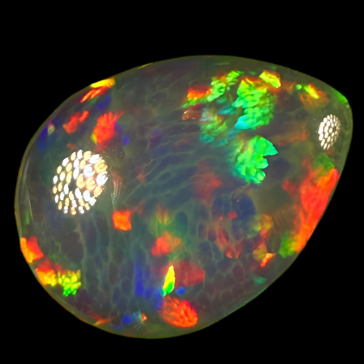 8.39ct AAA quality Natural Ethiopian Welo Opal – Pear Cabochon – Neon Green, Fiery Red & Electric Blue Fire – Broadflash Honeycomb Pattern – AAA Collector Grade