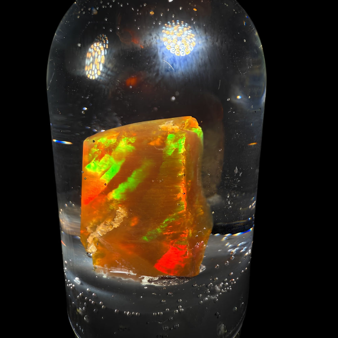 3.98 Gram Natural Ethiopian Welo Crystal Water Opal Specimen – Dominant Neon Green Fire, Fiery Rainbow Flash & Golden Orange Glow – Freeform Floating Crystal Opal – Collector Display Grade