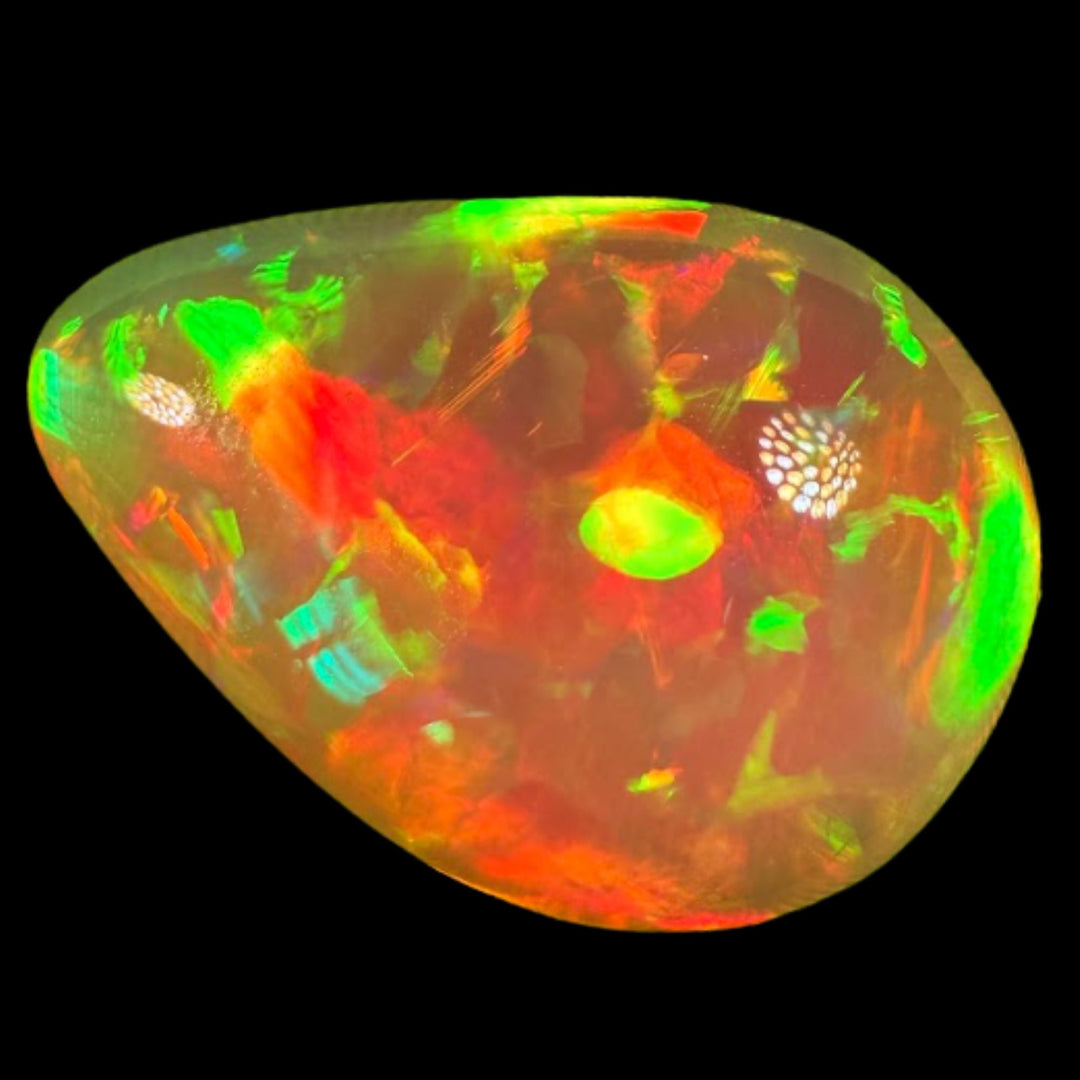 14.32ct AAA quality Natural Ethiopian Welo Opal – Pear Cabochon – Fiery Red, Neon Green & Golden Orange Fire – Broadflash Floral Pattern – AAA Collector Grade