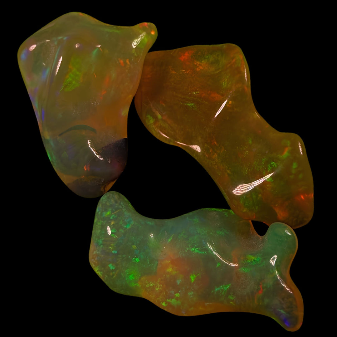 20.31 Ct AAA Quality Natural Ethiopian Welo Opal Nuggets – Neon Green, Golden Orange & Electric Blue Fire – Rolling Flash Moss Pattern – AAA Collector Grade