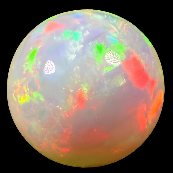 22.8 Ct AAA Quality Natural Ethiopian Welo Opal Sphere / Marble – Dominant Neon Green, Cherry Red & Fiery Orange Fire – Broadflash Rolling Fire Pattern – AAA Collector Grade