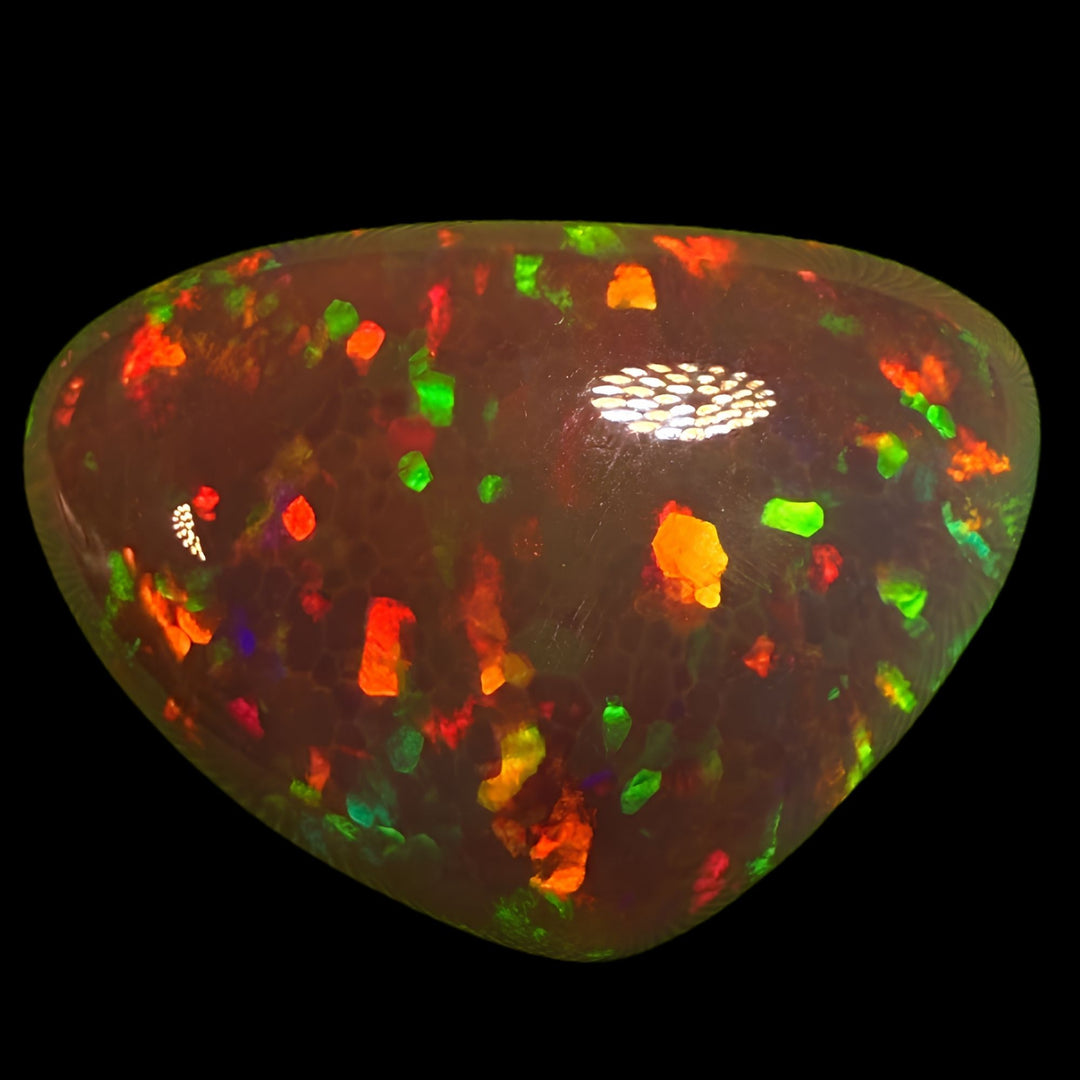 9.99ct AAA quality Natural Ethiopian Welo Opal – Freeform Cabochon – Deep Cherry Red, Neon Green & Fiery Orange Fire – Dark Honeycomb Flash Pattern – AAA Collector Grade