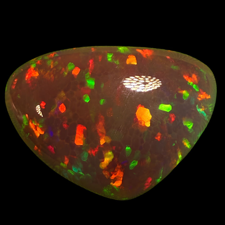 9.99ct AAA quality Natural Ethiopian Welo Opal – Freeform Cabochon – Deep Cherry Red, Neon Green & Fiery Orange Fire – Dark Honeycomb Flash Pattern – AAA Collector Grade