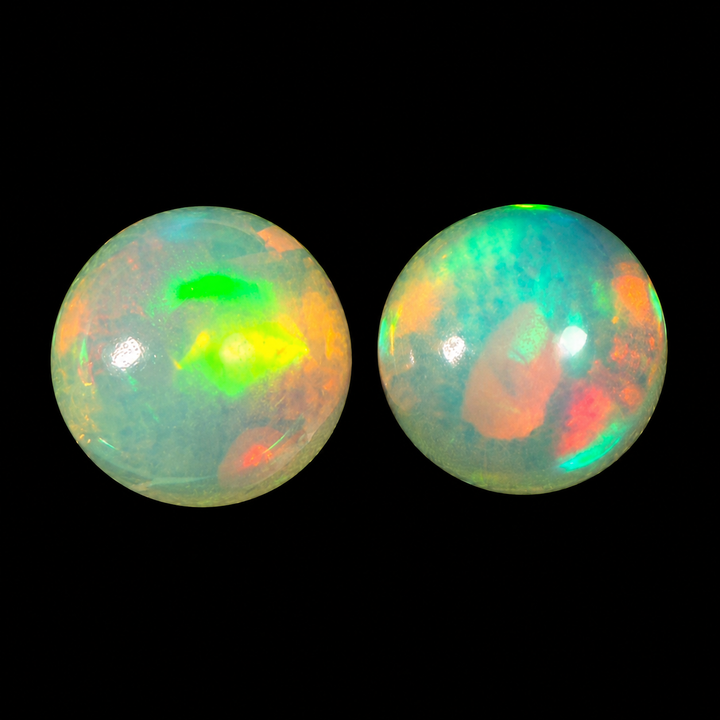 3.01 Ct AAA Natural Ethiopian Welo Opal Pair – Round Cabochons – Neon Green, Aqua Blue & Sunset Orange Fire – Broadflash Cloud Pattern – AAA Matching Pair Grade