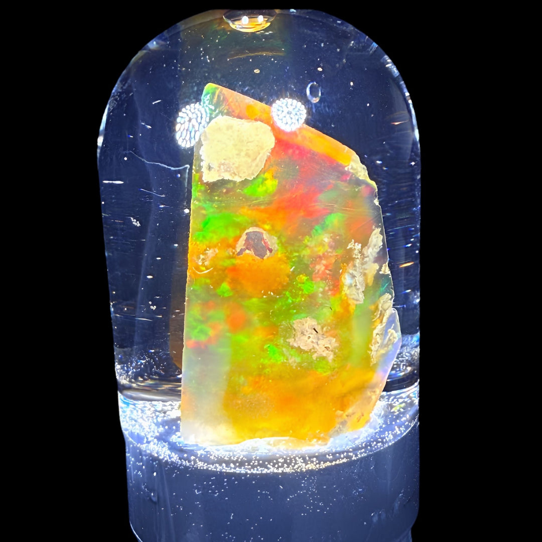 7.15 Gram Natural Ethiopian Welo Crystal Water Opal Specimen – Dominant Neon Green, Fiery Red & Golden Rainbow Fire – Freeform Floating Crystal Opal – Collector Display Grade