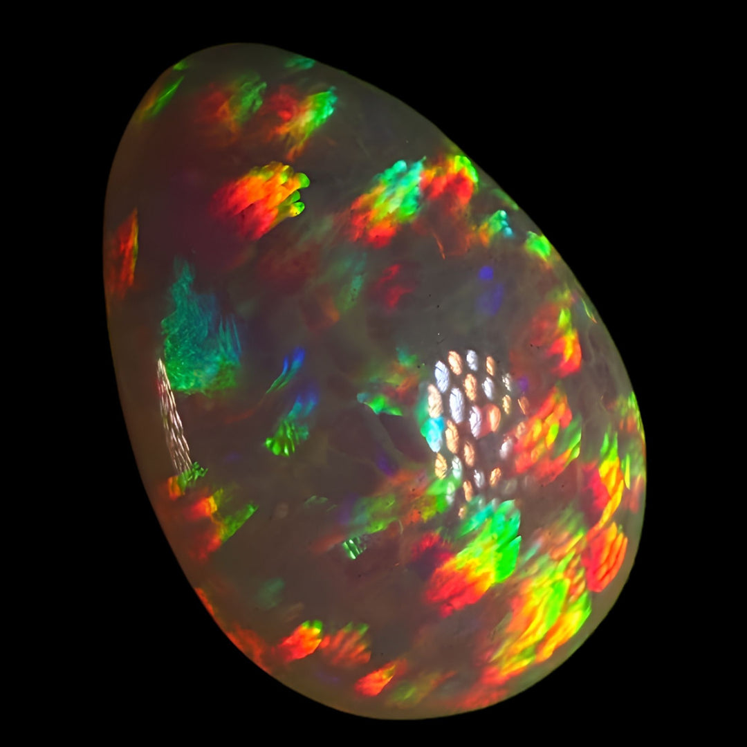 11.95ct AAA quality Natural Ethiopian Welo Opal – Pear Cabochon – Deep Fiery Red, Neon Green & Electric Orange Fire – Honeycomb Confetti Pattern – AAA Collector Grade