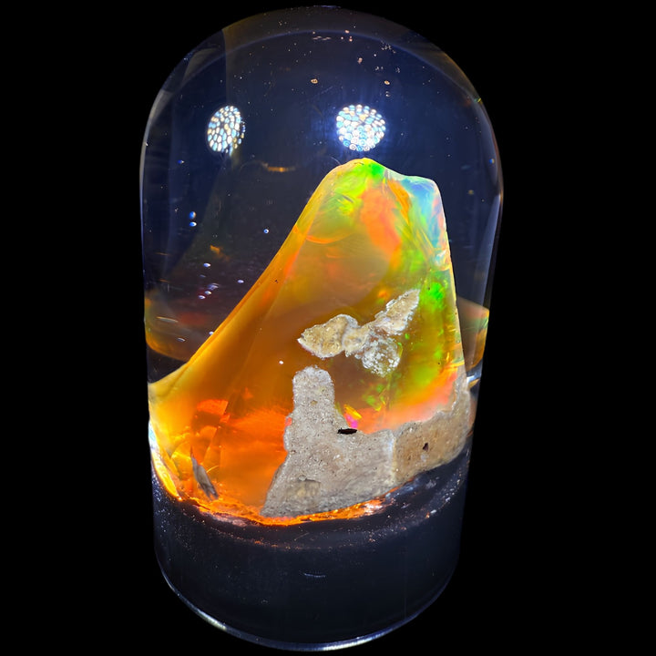 11.05 Gram Natural Ethiopian Welo Crystal Water Opal Specimen – Dominant Fiery Red, Neon Green & Golden Broadflash Fire – Freeform Floating Crystal Opal – Collector Display Grade