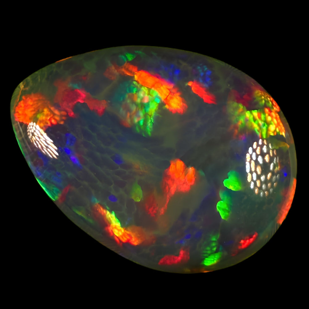 8.39ct AAA quality Natural Ethiopian Welo Opal – Pear Cabochon – Neon Green, Fiery Red & Electric Blue Fire – Broadflash Honeycomb Pattern – AAA Collector Grade