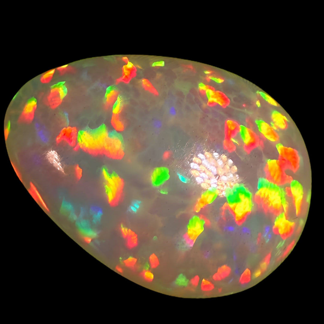 8.5ct AAA quality Natural Ethiopian Welo Opal – Pear Cabochon – Fiery Red, Neon Green & Sunset Orange Fire – Honeycomb Floral Pattern – AAA Collector Grade
