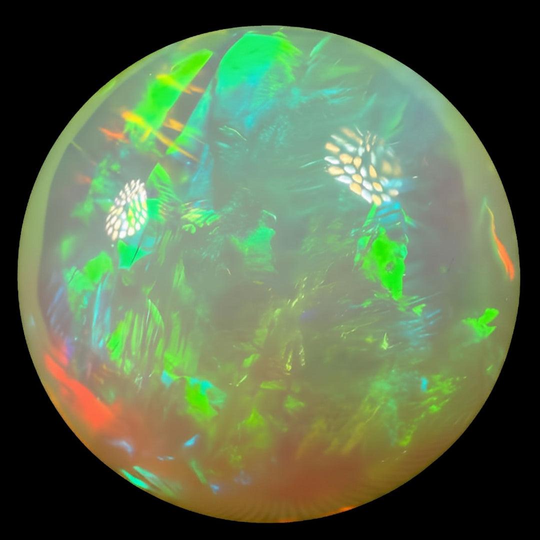 12.19 Ct AAA Quality Natural Ethiopian Welo Opal Sphere / Marble – Dominant Cherry Red, Neon Green & Fiery Orange Fire – Broadflash Floral Pattern – AAA Collector Grade