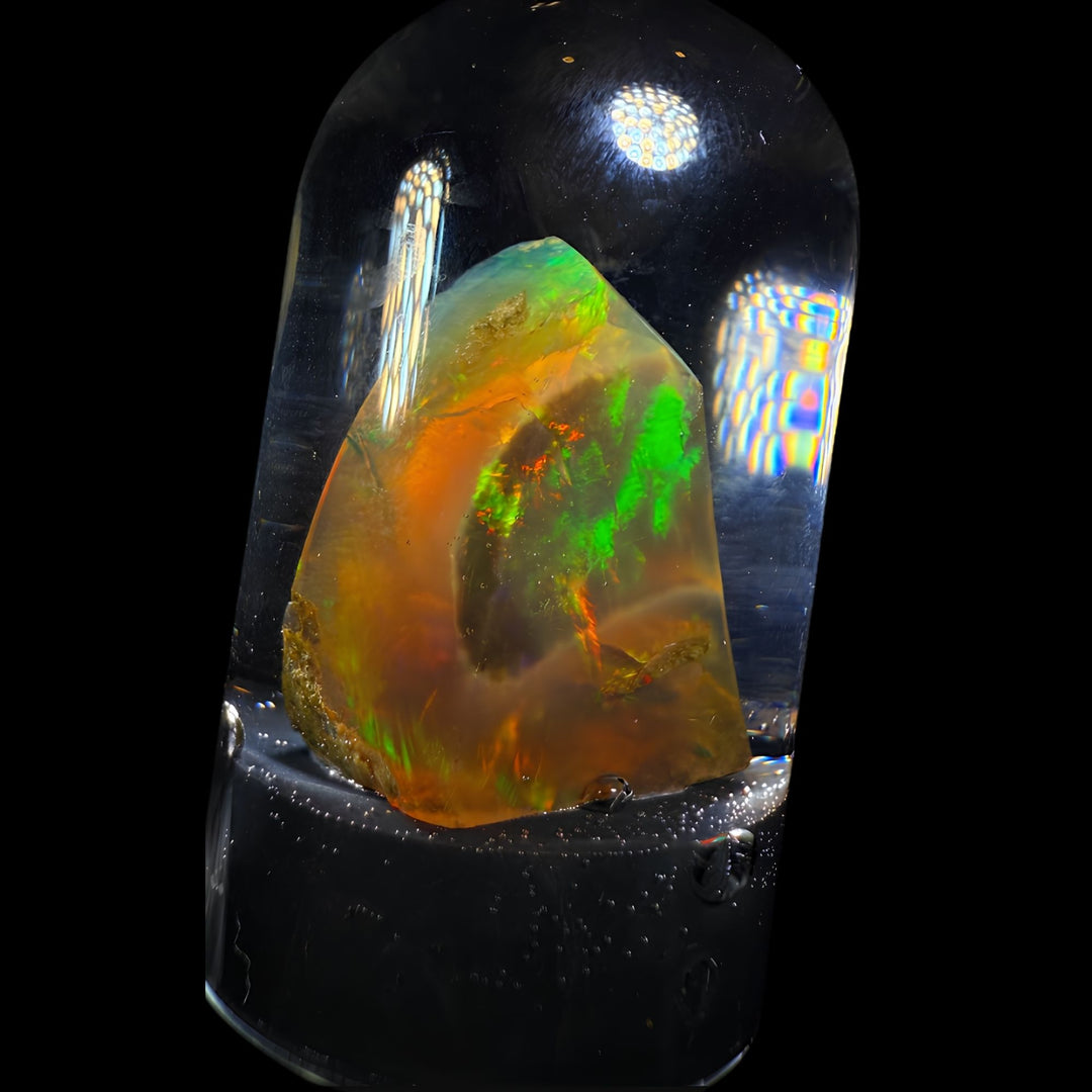 7.05 Gram Natural Ethiopian Welo Crystal Water Opal Specimen – Dominant Fiery Red Broadflash, Neon Green Crown Fire & Golden Honey Glow – Floating Crystal Display Opal – Collector Grade