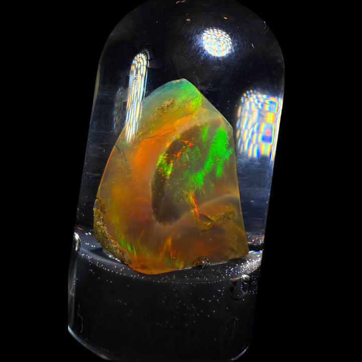 7.05 Gram Natural Ethiopian Welo Crystal Water Opal Specimen – Dominant Fiery Red Broadflash, Neon Green Crown Fire & Golden Honey Glow – Floating Crystal Display Opal – Collector Grade