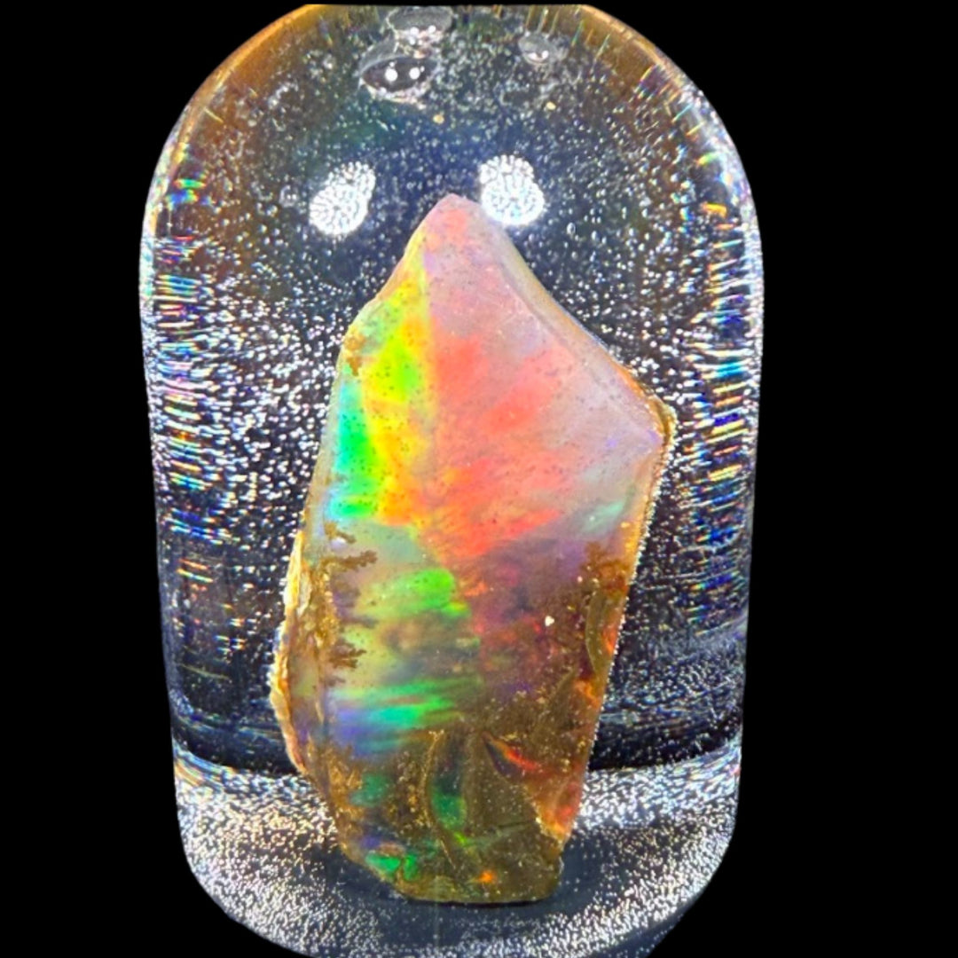 14.66 Gram Natural Ethiopian Welo Water Opal Specimen – Dominant Neon Green, Fiery Red & Golden Honey Fire – Crystal Cut Water Opal – Collector Display Grade
