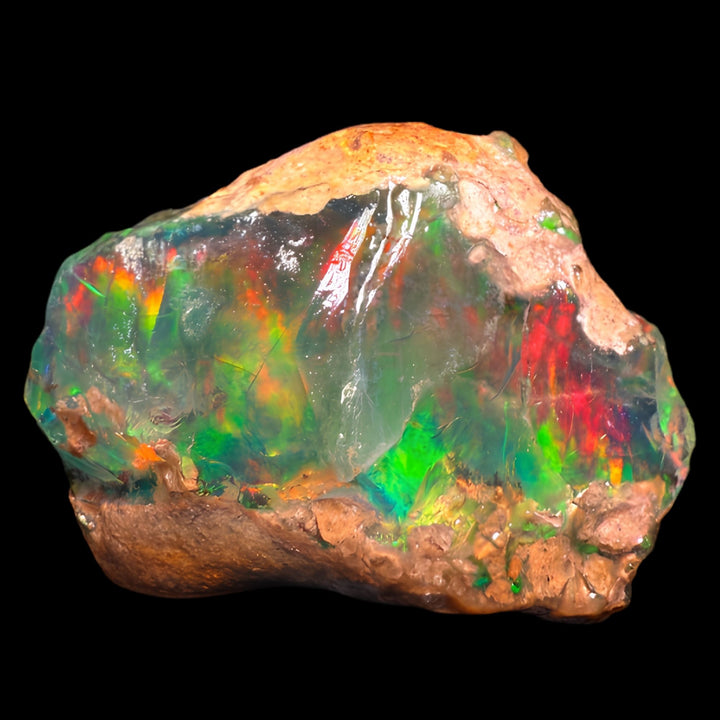 13.18 gr Natural Ethiopian Welo Water Opal – Dominant Neon Green, Fiery Red & Electric Orange Fire – Raw Water Opal – One-of-a-Kind Collector Grade