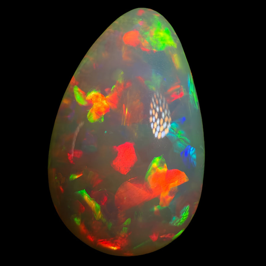 12.37ct AAA quality Natural Ethiopian Welo Opal – Pear Cabochon – Fiery Red, Neon Green & Electric Blue Fire – Mosaic Broadflash Pattern – AAA Collector Grade
