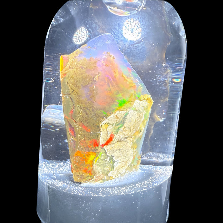 7.4 Gram Natural Ethiopian Welo Crystal Water Opal Specimen – Dominant Fiery Multicolor Flash, Neon Green & Golden Honey Fire – Freeform Floating Crystal Opal – Collector Display Grade