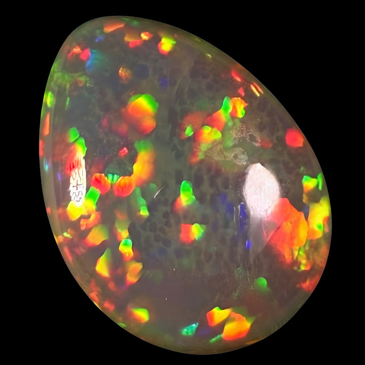 5.3ct AAA quality Natural Ethiopian Welo Opal – Pear Cabochon – Intense Fiery Red, Neon Green & Electric Blue Fire – Honeycomb Mosaic Pattern – AAA Collector Grade