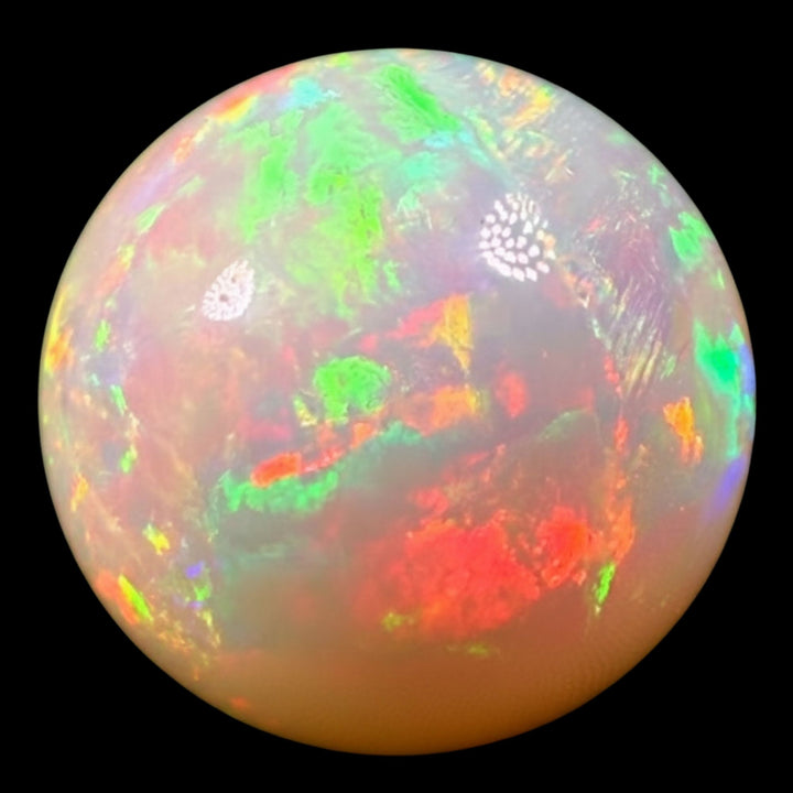 22.8 Ct AAA Quality Natural Ethiopian Welo Opal Sphere / Marble – Dominant Neon Green, Cherry Red & Fiery Orange Fire – Broadflash Rolling Fire Pattern – AAA Collector Grade