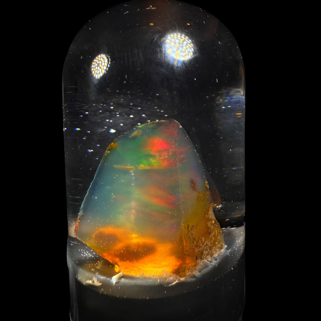 4.41 Gram Natural Ethiopian Welo Crystal Water Opal Specimen – Neon Green Ribbon Fire, Fiery Orange Glow & Pastel Crystal Flash – Freeform Floating Opal Display – Collector Grade
