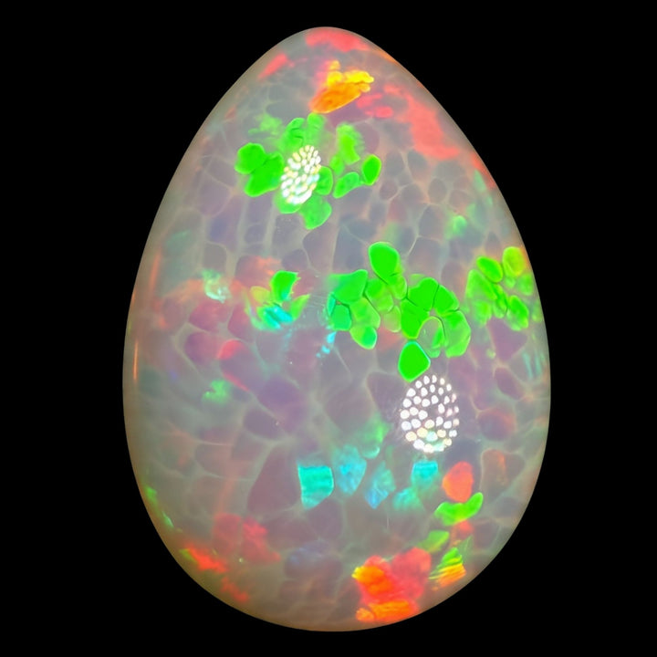 14.57ct AAA quality Natural Ethiopian Welo Opal – Pear Cabochon – Neon Green, Fiery Red & Electric Blue Fire – Honeycomb Cell Pattern – AAA Collector Grade