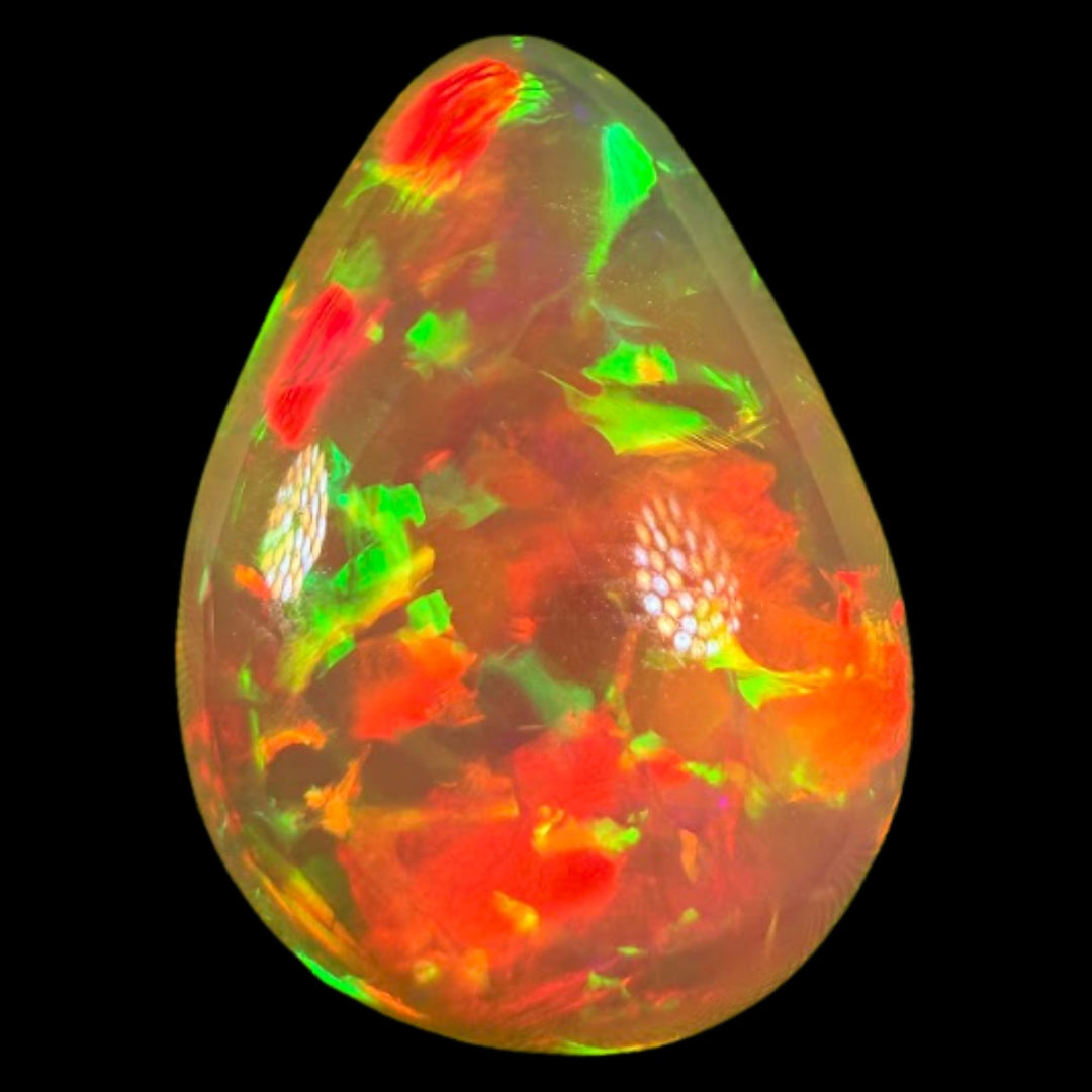 14.32ct AAA quality Natural Ethiopian Welo Opal – Pear Cabochon – Fiery Red, Neon Green & Golden Orange Fire – Broadflash Floral Pattern – AAA Collector Grade