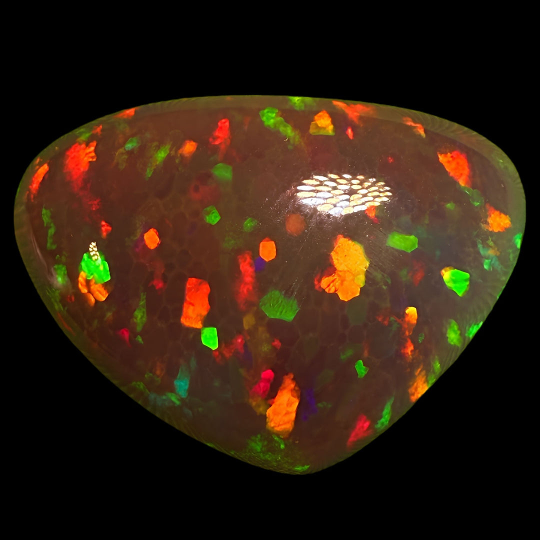 9.99ct AAA quality Natural Ethiopian Welo Opal – Freeform Cabochon – Deep Cherry Red, Neon Green & Fiery Orange Fire – Dark Honeycomb Flash Pattern – AAA Collector Grade