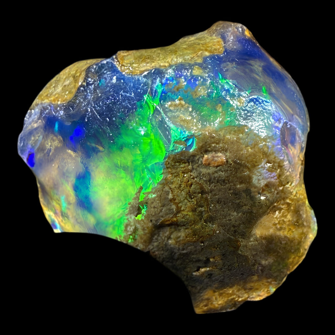 12.35 gr Natural Ethiopian Welo Water Opal – Dominant Neon Green, Electric Blue & Golden Fire – Raw Water Opal – One-of-a-Kind Collector Grade