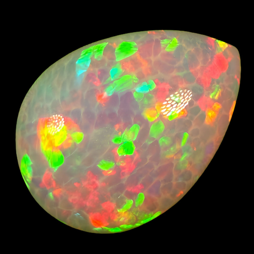 14.57ct AAA quality Natural Ethiopian Welo Opal – Pear Cabochon – Neon Green, Fiery Red & Electric Blue Fire – Honeycomb Cell Pattern – AAA Collector Grade