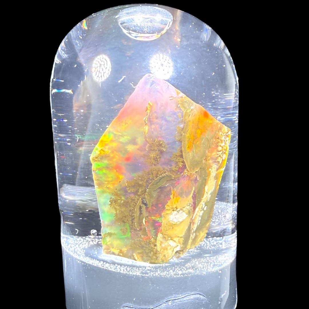 7.4 Gram Natural Ethiopian Welo Crystal Water Opal Specimen – Dominant Fiery Multicolor Flash, Neon Green & Golden Honey Fire – Freeform Floating Crystal Opal – Collector Display Grade