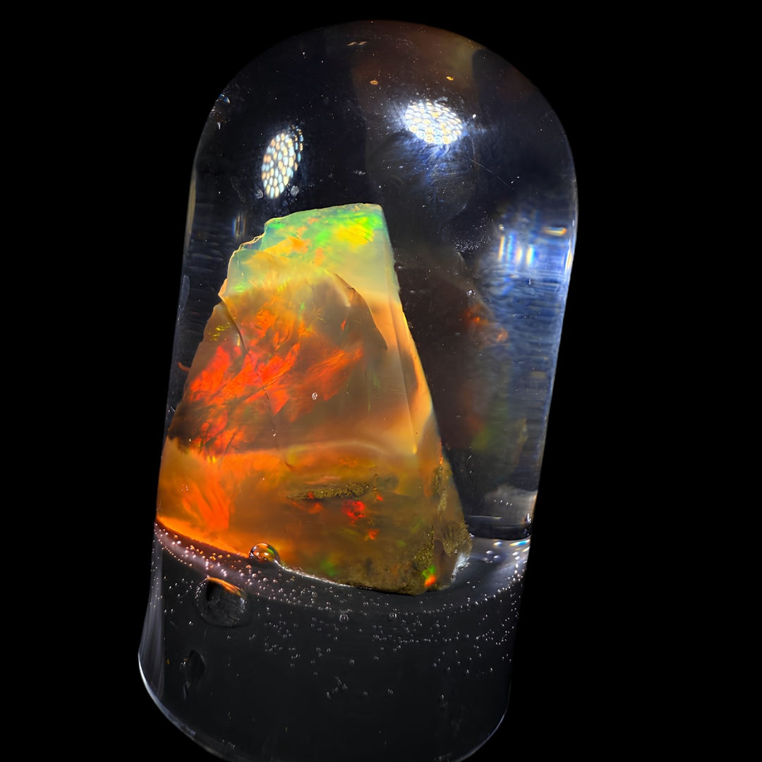 7.05 Gram Natural Ethiopian Welo Crystal Water Opal Specimen – Dominant Fiery Red Broadflash, Neon Green Crown Fire & Golden Honey Glow – Floating Crystal Display Opal – Collector Grade