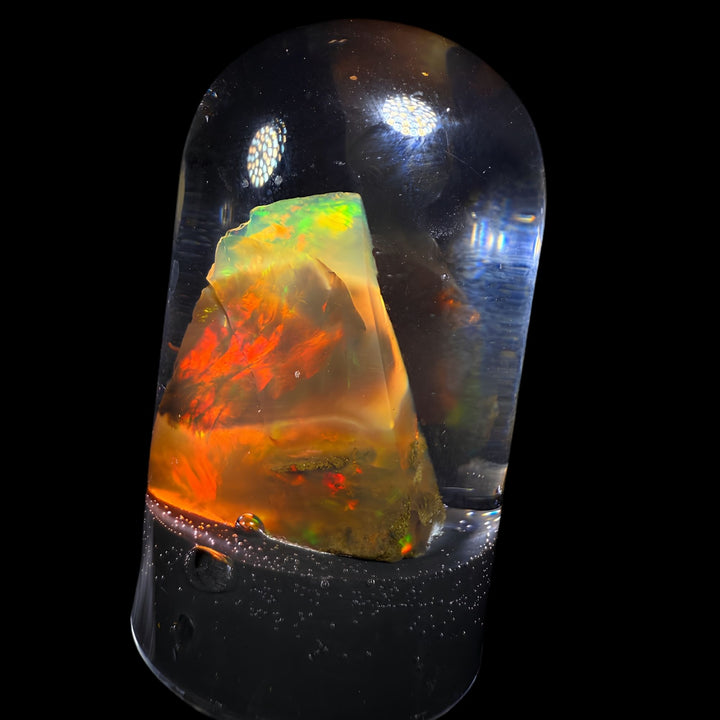 7.05 Gram Natural Ethiopian Welo Crystal Water Opal Specimen – Dominant Fiery Red Broadflash, Neon Green Crown Fire & Golden Honey Glow – Floating Crystal Display Opal – Collector Grade