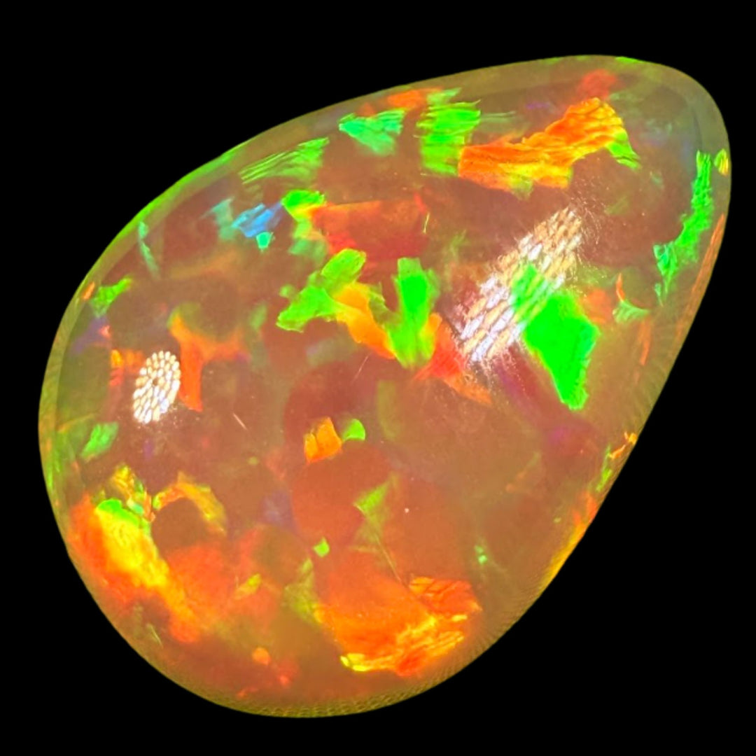 14.32ct AAA quality Natural Ethiopian Welo Opal – Pear Cabochon – Fiery Red, Neon Green & Golden Orange Fire – Broadflash Floral Pattern – AAA Collector Grade