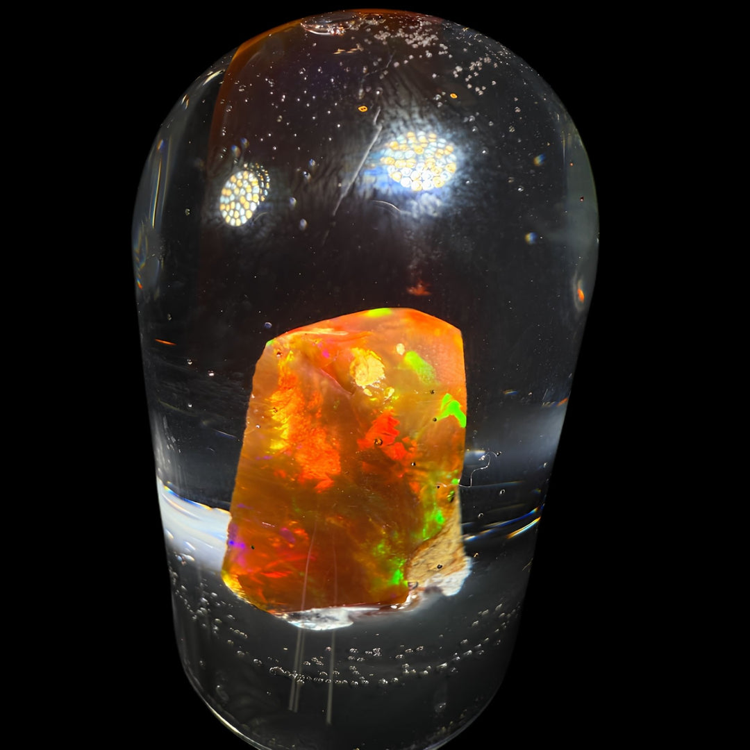 3.98 Gram Natural Ethiopian Welo Crystal Water Opal Specimen – Dominant Neon Green Fire, Fiery Rainbow Flash & Golden Orange Glow – Freeform Floating Crystal Opal – Collector Display Grade