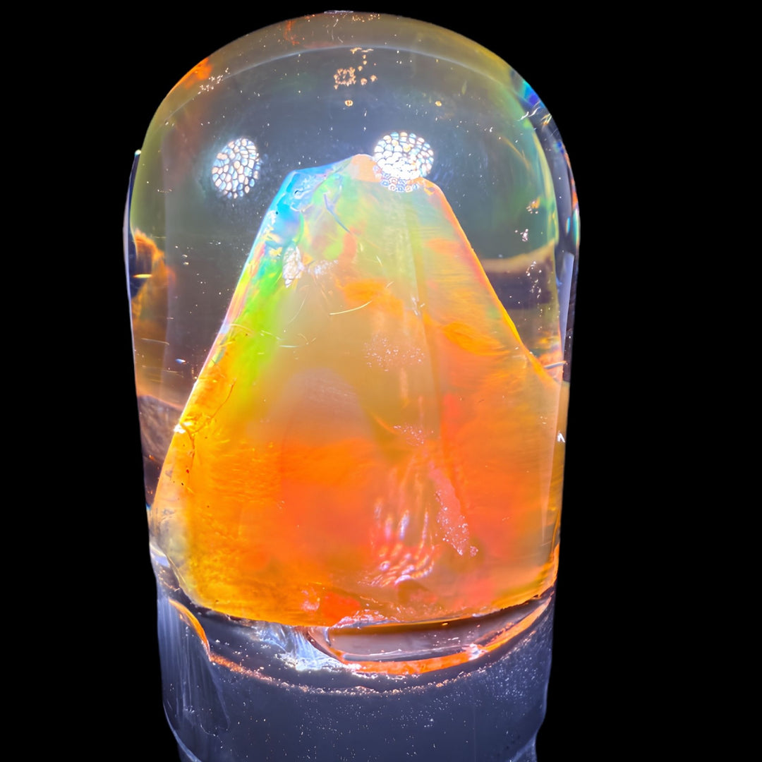 11.05 Gram Natural Ethiopian Welo Crystal Water Opal Specimen – Dominant Fiery Red, Neon Green & Golden Broadflash Fire – Freeform Floating Crystal Opal – Collector Display Grade