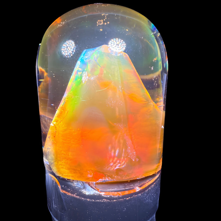 11.05 Gram Natural Ethiopian Welo Crystal Water Opal Specimen – Dominant Fiery Red, Neon Green & Golden Broadflash Fire – Freeform Floating Crystal Opal – Collector Display Grade