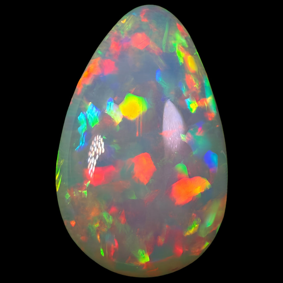 12.37ct AAA quality Natural Ethiopian Welo Opal – Pear Cabochon – Fiery Red, Neon Green & Electric Blue Fire – Mosaic Broadflash Pattern – AAA Collector Grade