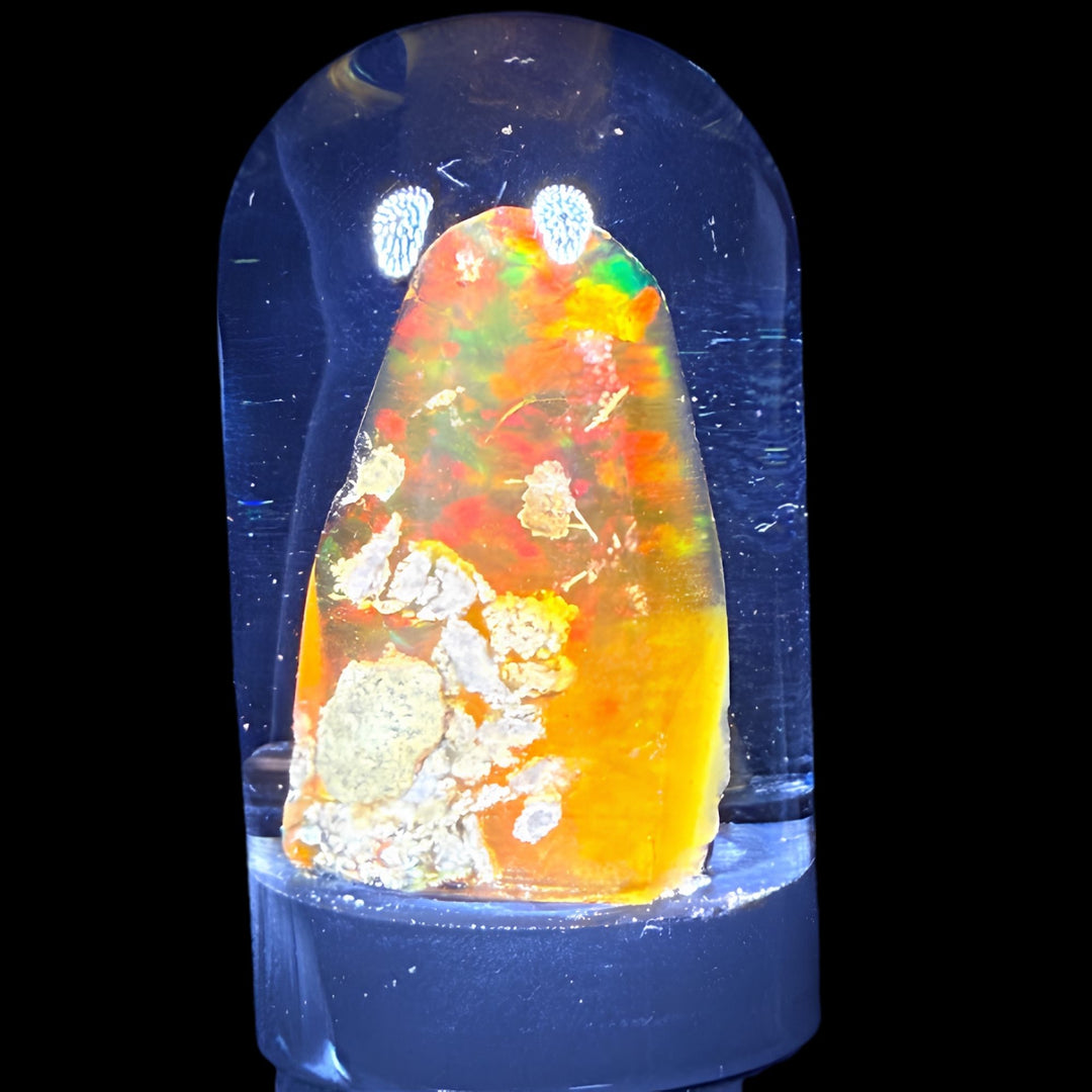 7.09 Gram Natural Ethiopian Welo Crystal Water Opal Specimen – Dominant Fiery Red, Neon Green & Golden Orange Fire – Freeform Honey Crystal Opal – Collector Display Grade