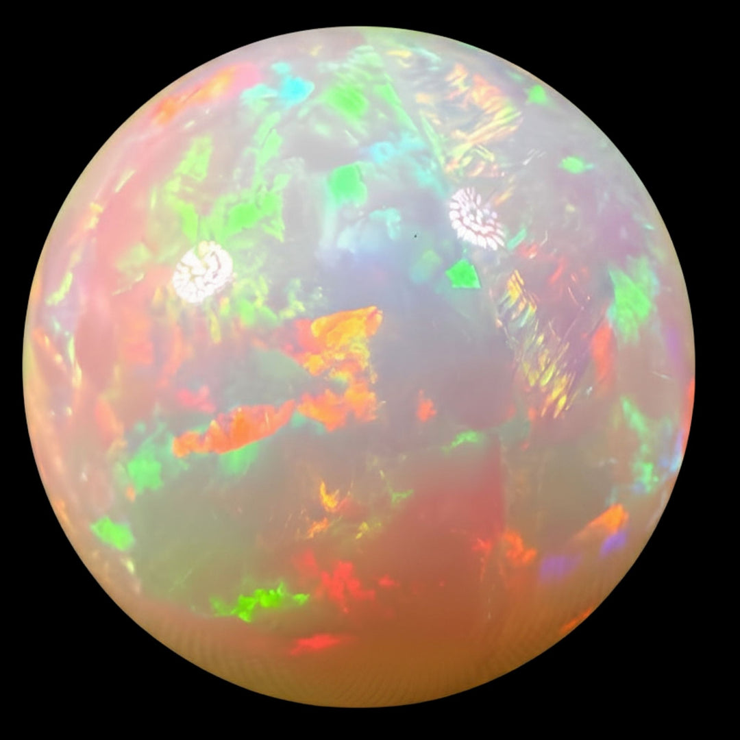 22.8 Ct AAA Quality Natural Ethiopian Welo Opal Sphere / Marble – Dominant Neon Green, Cherry Red & Fiery Orange Fire – Broadflash Rolling Fire Pattern – AAA Collector Grade